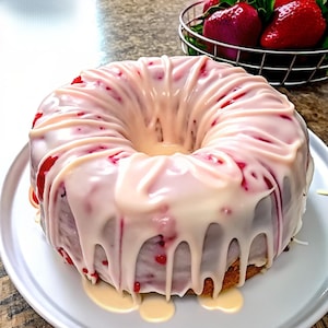 Puede incluir: Un bizcocho bundt de fresa con glaseado blanco rociado por encima. El pastel está sobre un plato blanco, y una cesta de alambre con fresas frescas está en el fondo. El pastel tiene un agujero en el centro.