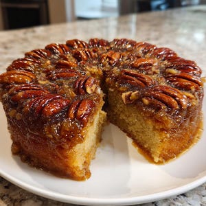 May include: A pecan upside-down cake on a white plate. The cake has a golden-brown crumb and is topped with a layer of glazed pecans. A slice has been removed, revealing the cake's texture. The cake sits on a white plate.