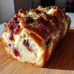 Può includere: Una pagnotta di pane con una crosta dorata, ripiena di formaggio fuso e guarnita con mirtilli rossi rosso vivo ed erbe verdi. Il pane è su un tagliere di legno.