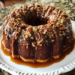 Op de afbeelding: Een vers gebakken tulbandcake met een karamelglazuur en een topping van gehakte pecannoten en noten. De cake staat op een wit bord met geschulpte rand, met karamelsaus die langs de zijkanten druipt.