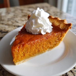 May include: A slice of pumpkin pie on a white plate, topped with whipped cream. The pie has a golden-brown crust and a rich, orange filling. The whipped cream is fluffy and white, contrasting with the pie's color. The plate sits on a speckled countertop.