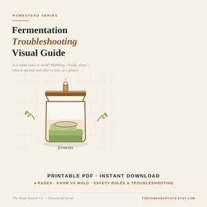 May include: A digital Fermentation Troubleshooting Visual Guide featuring the text Homestead Series, Fermentation Troubleshooting Visual Guide, Is it kahm yeast or mold?, Printable PDF, Instant Download, 4 Pages, Kahm vs Mold, Safety Rules & Troubleshooting.