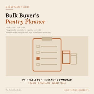 May include: A digital document titled Bulk Buyer's Pantry Planner, A Home Pantry Series. It features a checklist icon with one box checked, two rectangular containers, and text: Track, Audit, Plan, Save, Printable PDF, Instant Download.