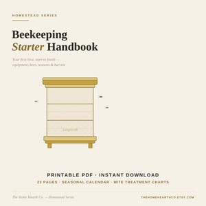Puede incluir: Un manual digital de iniciación a la apicultura de la serie Homestead. La portada presenta un gráfico de una colmena Langstroth, el título y texto que detalla el equipo, las abejas, las estaciones y la cosecha. Incluye 23 páginas, un calendario estacional y tablas de tratamiento de ácaros.
