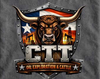 Design PNG de exploração de petróleo e gado da CTT, escudo de touro do Texas PNG, emblema de rodeio de cowboy do campo de petróleo de rancho ocidental PNG (download digital)