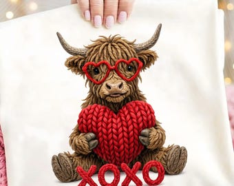 Camiseta fofa de vaca das Terras Altas para o Dia dos Namorados em PNG, óculos de coração XOXO em fio falso, design 3D de vaca das Terras Altas em tricô falso, clipart de crochê falso para o Dia dos Namorados