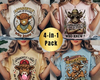 Pacote de imagens PNG "Aparentemente eu tenho uma atitude", Vaca das Terras Altas engraçada do Oeste americano em PNG, Design de camiseta retrô e sarcástica para cowgirl, Animal atrevido (Download digital)