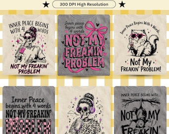 A paz interior começa com 4 palavras: Não é problema meu. Pacote PNG com design de esqueleto sarcástico, frase irônica e laço rosa (download digital).