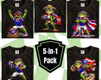 Pacote com 5 imagens PNG do sapo coqui de Porto Rico, mascote da seleção porto-riquenha para sublimação em shows de intervalo, presente para fãs de esportes com a bandeira de Porto Rico.