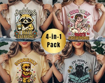 De repente, odeio todo mundo PNG, pacote sarcástico e introvertido com guaxinim, urso, gato e cupido, sublimação engraçada sobre saúde mental (download digital)