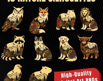 Pacote de imagens PNG de animais da natureza em estilo boho, silhueta de montanha floral, gráfico de vida selvagem com flores silvestres, design de camiseta estilo cottagecore (download digital)