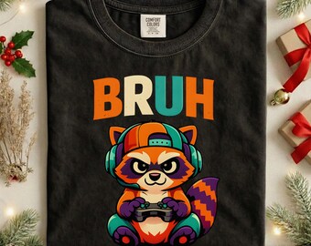 BRUH Gamer Raccoon T-Shirt, Funny Gaming Gift for Streamers, Cute Animal Gamer Graphic Tee for Teens and Players