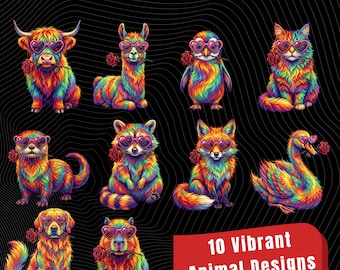 Pacote de imagens PNG de animais fofos para o Dia dos Namorados, animais do arco-íris com óculos de coração, arte colorida com respingos, design legal para o Dia dos Namorados (download digital)