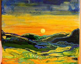 Peinture acrylique paysage texturé vibrant, décoration murale soleil abstraite, oeuvre d'art sur toile peinte à la main