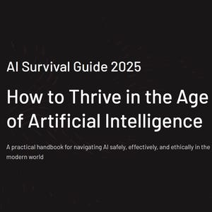 Op de afbeelding: Een digitale afbeelding met gloeiende oranje hersenachtige structuren op een printplaat, met de tekst "AI Survival Guide 2025" en "How to Thrive in the Age of Artificial Intelligence".