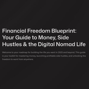 Puede incluir: Un hombre con traje está sentado en una mesa con un portátil. La imagen muestra el texto "Financial Freedom Blueprint: Your Guide to Money, Side Hustles & the Digital Nomad Life". El texto también incluye un mensaje de bienvenida y una descripción de la herramienta.