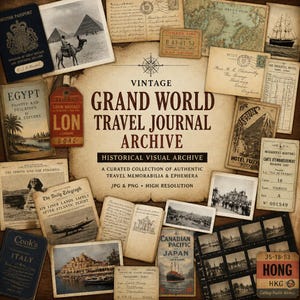May include: A vintage travel journal archive with various ephemera. The image features a British passport, postcards, travel tickets, and a map. The central text reads "Grand World Travel Journal Archive". The collection includes images of Egypt, London, and Japan.