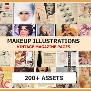 Tidskriftssidor med vintage-sminkillustrationer | Junk Journal Ephemera (utskrivbar)