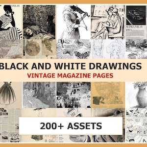 Samling av svartvita vintageteckningar i tidskrifter | Gamla tidningssidor | Skräpjournal | Scrapbook | Sidset | Utskrivbar