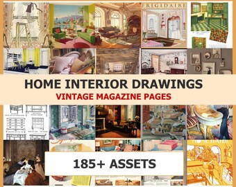 Vintage Home Interior Drawing Magazine Page Collection | Vintage Magazine Pages | Junk Journal | Scrapbook | Page Set | Printable