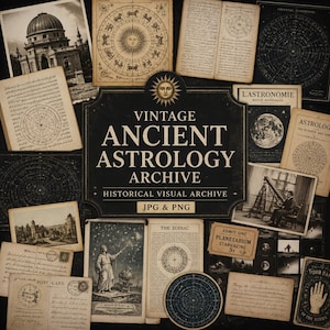 Puede incluir: Una colección de objetos antiguos con temática de astrología, que incluye postales, cartas celestes y páginas de libros. El letrero central muestra el texto "VINTAGE ANCIENT ASTROLOGY ARCHIVE" con una ilustración de sol. La imagen tiene una estética oscura y antigua.