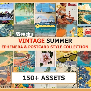 Peut inclure: Un collage d'images d'été vintage de style éphémère et de cartes postales. La collection comprend des scènes de plage, des fleurs tropicales et des publicités rétro. Le texte comprend "Florida", "Hawaii", "Summer", "Beachy", et "150+ Assets".