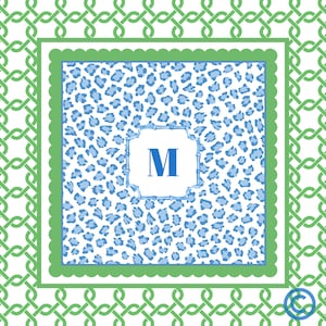 Blue Leopard And Green Trellis Monogrammed Mahjong Mat Personalized Game Mat Custom Mahjong Table Cover Preppy Mahjong Gift For Her