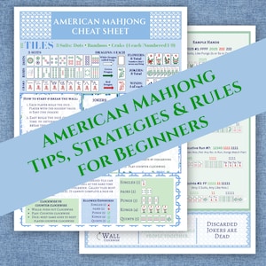 May include: A detailed American Mahjong cheat sheet with rules, strategies, and tips for beginners. The guide includes diagrams of tiles, suits, dragons, flowers, and winds. The text also includes sample hands and how to start and break the wall.
