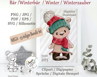 Paquete de 23 sellos digitales Oso Invernal | Set Navideño | Sellos digitales / Papel digital, PNG SVG, Frases, Imágenes prediseñadas de oso invernal MEGA