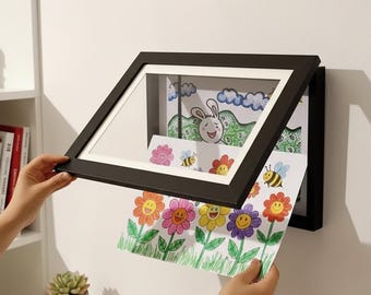 Interchangeable picture frame with front opening, for children's pictures, posters and photos, wood, black & white, quick to hang on the wall, gift idea