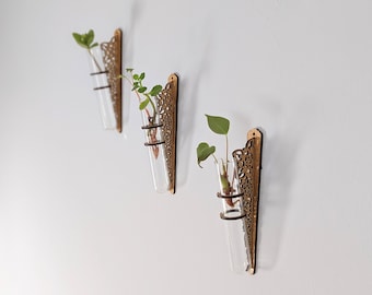 Propagation Station wooden Wall hanging propagator wood with varnished oak finish and glass test tubes house plant gift vase