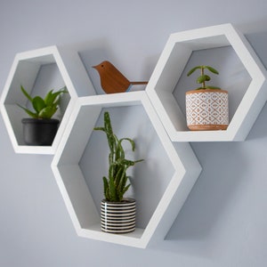 Hexagon shelf floating Shelves set of 3 three honeycomb wood design feature living room white easy hang individual option