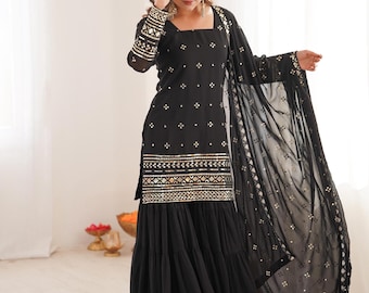 Black Georgette Kurta Sharara Set with Embroidered Dupatta | Party Wear Indian Ethnic Outfit
