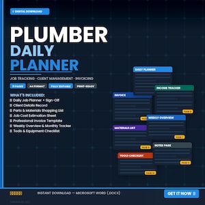 May include: A digital download for a plumber's daily planner. The blue and white design includes sections for job tracking, client management, and invoicing. Features include a daily planner, invoice, and materials list. The planner is fully editable and print-ready.