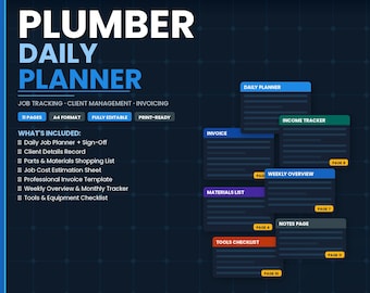 Planificador de trabajo diario para fontaneros todo en uno: factura, lista de materiales, planificador semanal, registro de ingresos mensuales, registro de gastos, compatible con MS Word y PDF.