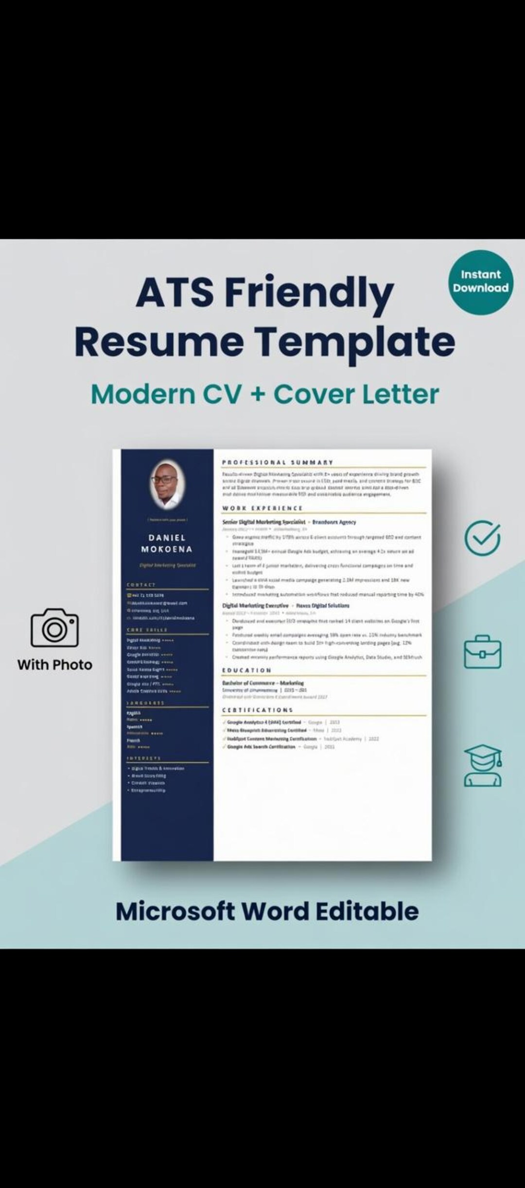 ATS Friendly Modern Resume Editable Template With Photo and Cover ...
