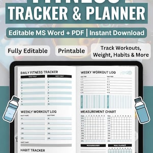 Könnte beinhalten: Ein Fitness-Tracker und -Planer mit dem Text "FITNESS TRACKER & PLANNER". Der Planer enthält Abschnitte für tägliche und wöchentliche Trainingsprotokolle, eine Messtabelle und einen Gewohnheitstracker. Vollständig editierbar und druckbar.