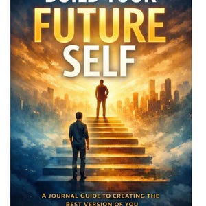 May include: A book cover titled Build Your Future Self by Emmanuel Lebea. The cover features a person standing at the bottom of a staircase looking up at a silhouette of themselves at the top, set against a golden sunset and a city skyline.