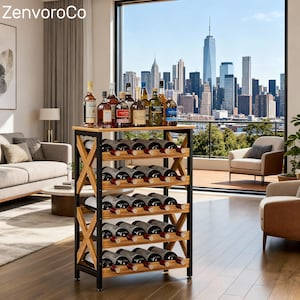 May include: A wooden wine rack with a black metal frame, holding multiple bottles of wine and liquor. The rack has a top shelf and several lower shelves for wine storage. The background features a cityscape with tall buildings and a large window.