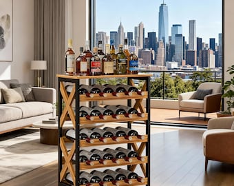 Rustic 25-Bottle Wine Rack: 5-Tier Metal & Wood Freestanding Shelf