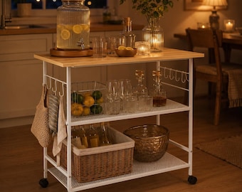 White Rolling Kitchen Island Cart, 3 Tier Coffee Bar & Microwave Stand With Hooks