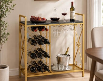 21-Bottle Wine Rack with Glass Holder, Industrial Bar Cabinet, Gold Black Storage Table