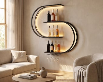 Modern LED Wall Wine Rack – Half Round Iron Bottle Display with Glass Holder, Stylish Bar & Kitchen Decor (47”)