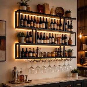 May include: A black metal wall-mounted wine rack with three horizontal shelves featuring integrated warm LED lighting. The shelves hold numerous wine bottles, small potted plants, and glass jars. Stemware racks hang below with clear wine glasses.