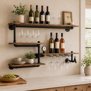 Industrial Pipe Wine Rack Wall Mounted Bar Shelf with Stem Glass Holder Rustic Floating Liquor Bottle Display Shelf for Kitchen Bar