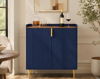 Blue Fluted Sideboard Cabinet, Modern Coffee Bar with Wine Rack, Dining Storage