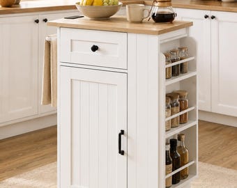 Rolling Kitchen Island Cart with Power Outlet, White Natural Storage Cabinet