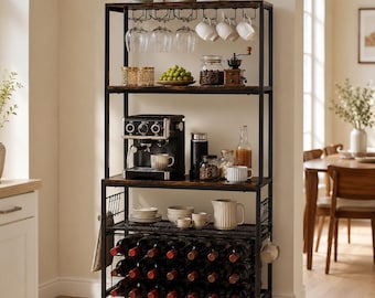 24 Bottle Wine Rack with LED Lights, Coffee Bar Cabinet with Power Outlet, Glass Holders and Storage Shelves