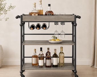 Grey Rolling Bar Cart with Wine Rack, 3-Tier Serving Cart, Removable Tray, Glass Holder
