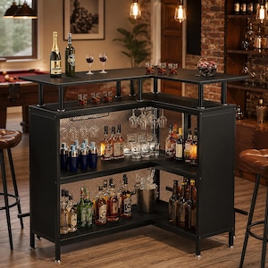 May include: A black, L-shaped home bar with multiple shelves and a raised countertop. The bar features a metal mesh backing, glassware, bottles of liquor, and bar tools. Wine glasses and bottles of wine are on the top surface.